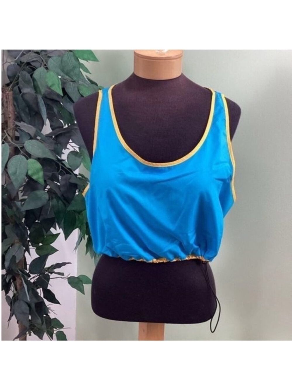 PSK Collective Blue Gold Colorblock Scoopneck Bra Top Drawstring Hem Large NWT